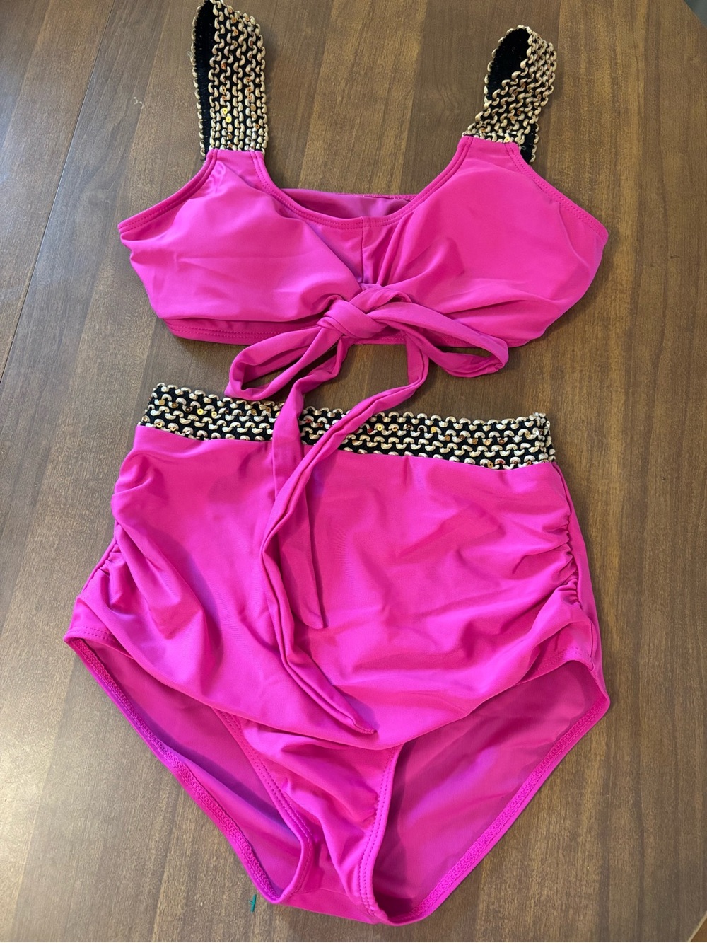 Women's Fuchsia High-Waist Bikini Set with Woven Accent